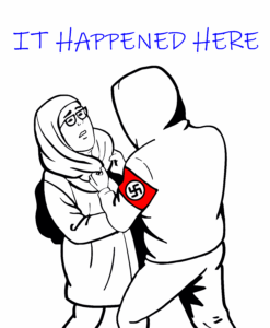 Black and white drawing of Rümeysa Ozturk being sized by what is now known to be a US Immigration and Customs Enforcement (ICE) agent. The caption is 'It happened here' and the agent is wearing a red Nazi SS armband. 