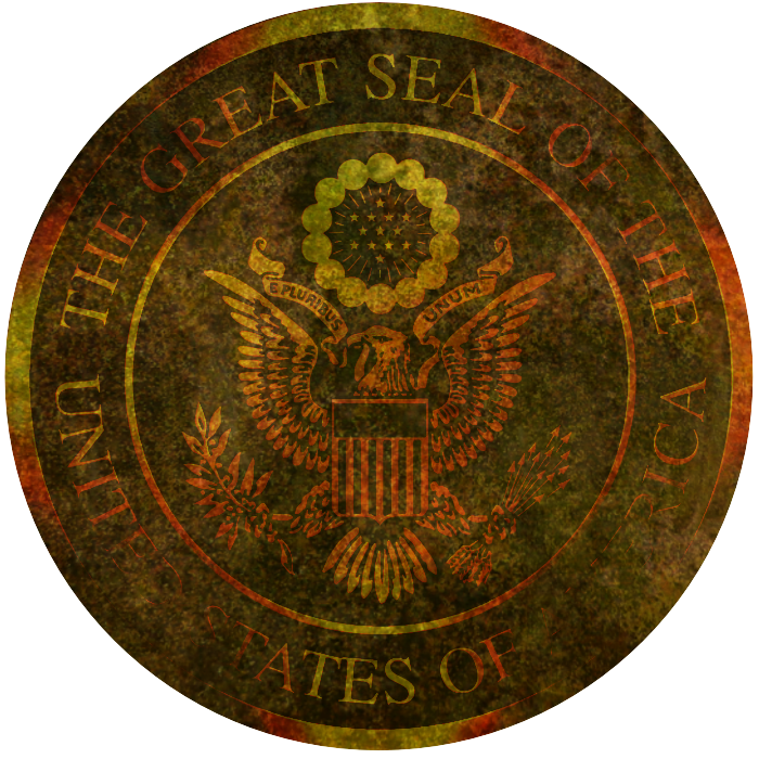 A heavily tarnished and rusted great seal of the United States