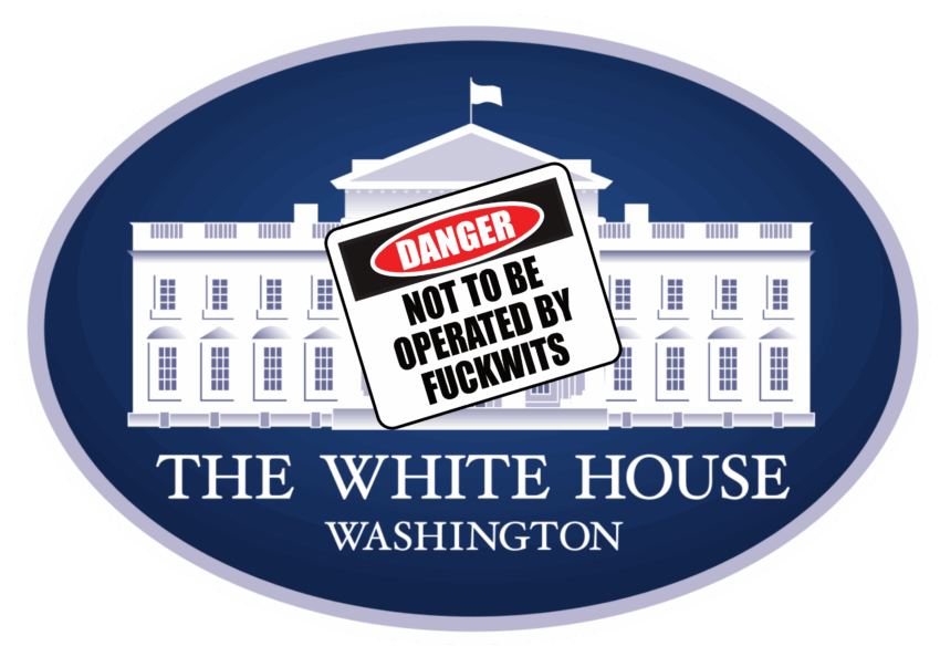 Official logo of the White House with a warning sign at 45 degrees across it.