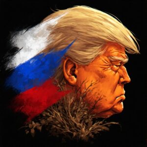 An AI generated image of Donald Trump with bright orange skin and the colors of the Russian flag flowing of the back of his head, surrounded by dead foliage.